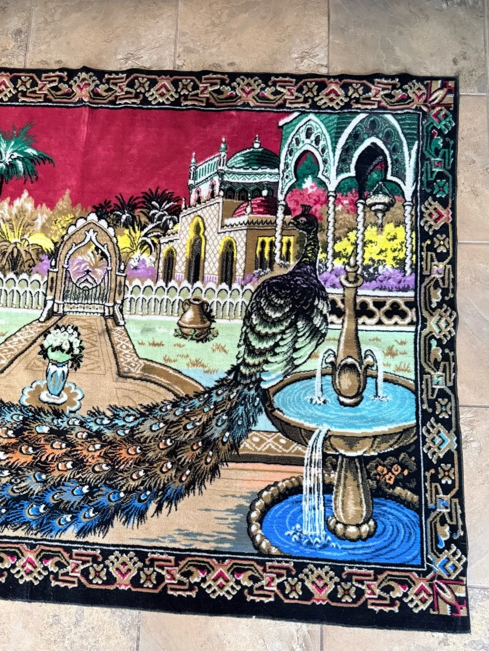 Vintage 1970 Circa Velvet Peacock Wall Tapestry Rug - 64